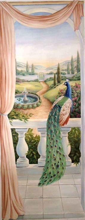 Canvas mural painted with oil paints of peacock by artist Marsha Bowers