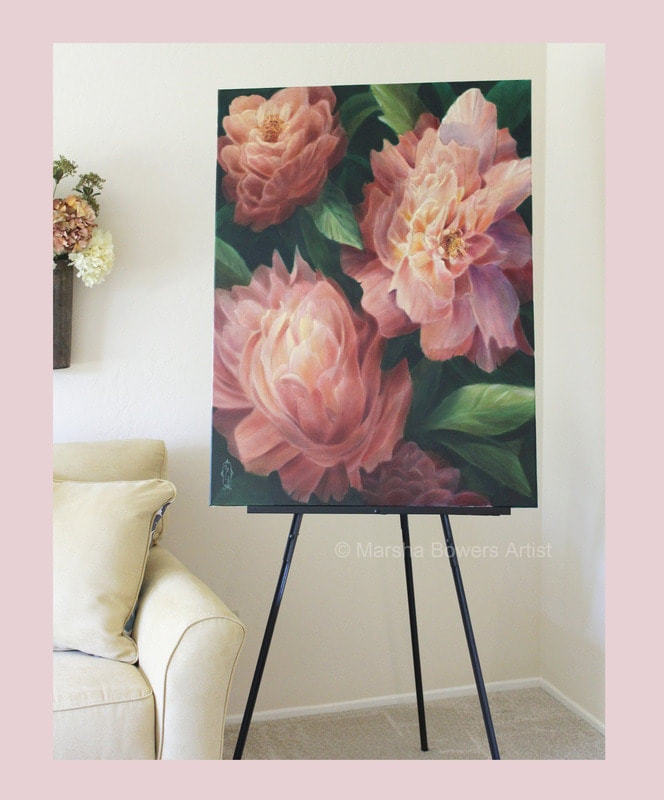 Oil painting on canvas of large scale flowers by artist Marsha Bowers