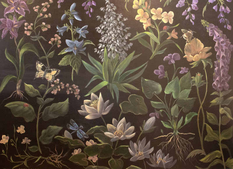 Large scale oil painting titled-Hope. Painted during beginning of Covid 19. Florals on dark background. By artist Marsha Bowers