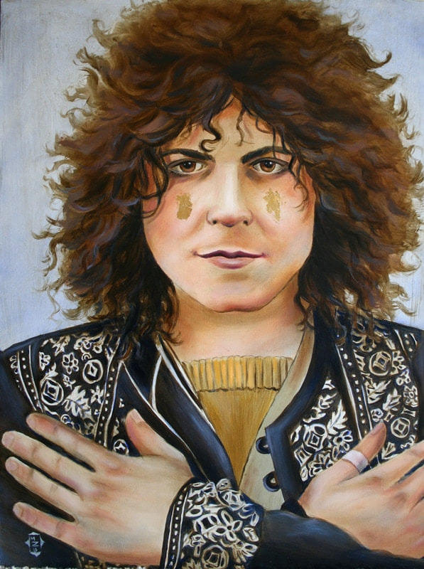 Oil portrait of Marc Bolan on wood panel by artist Marsha Bowers