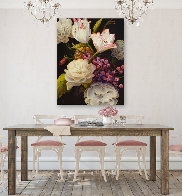 Fine art oil painting featuring flowers, grapes on dark background by artist Marsha Bowers of Zulim Bowers Designs
