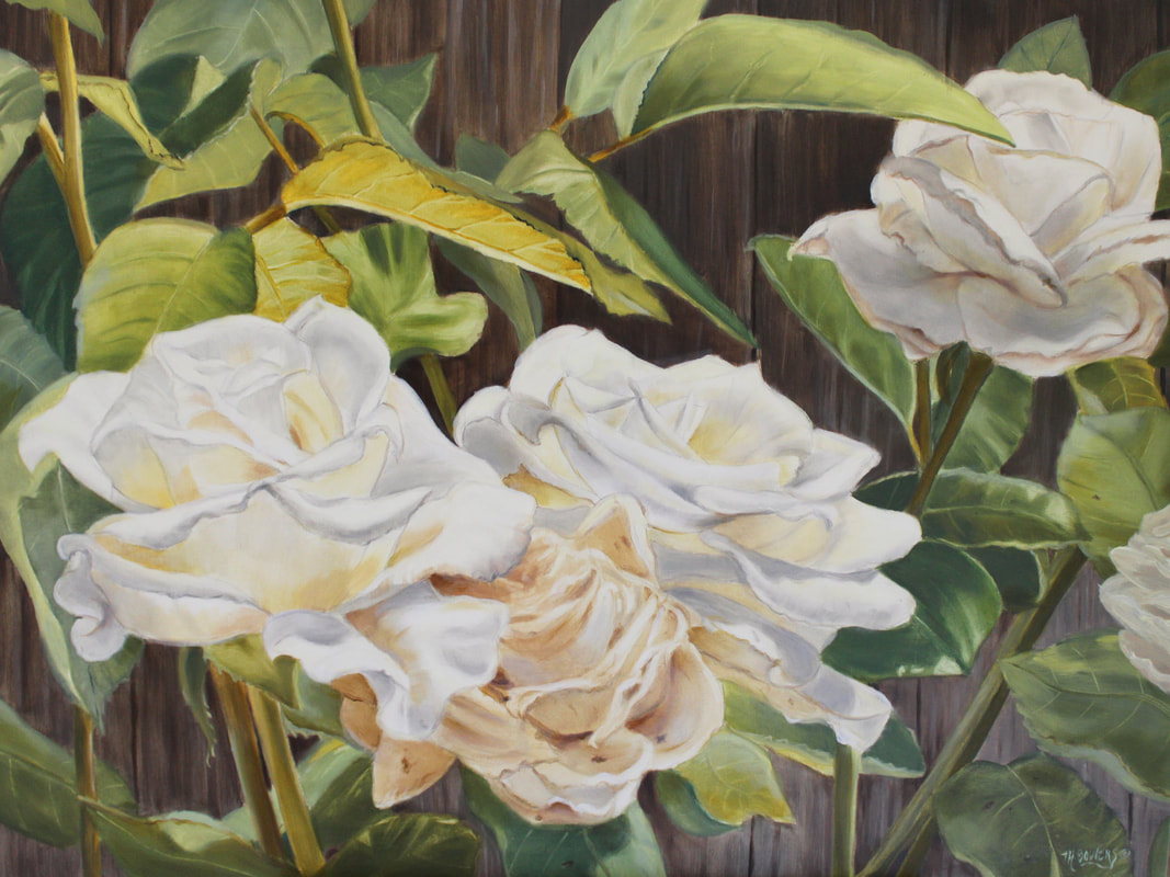 White Garden Roses oil on canvas by artist Marsha Bowers