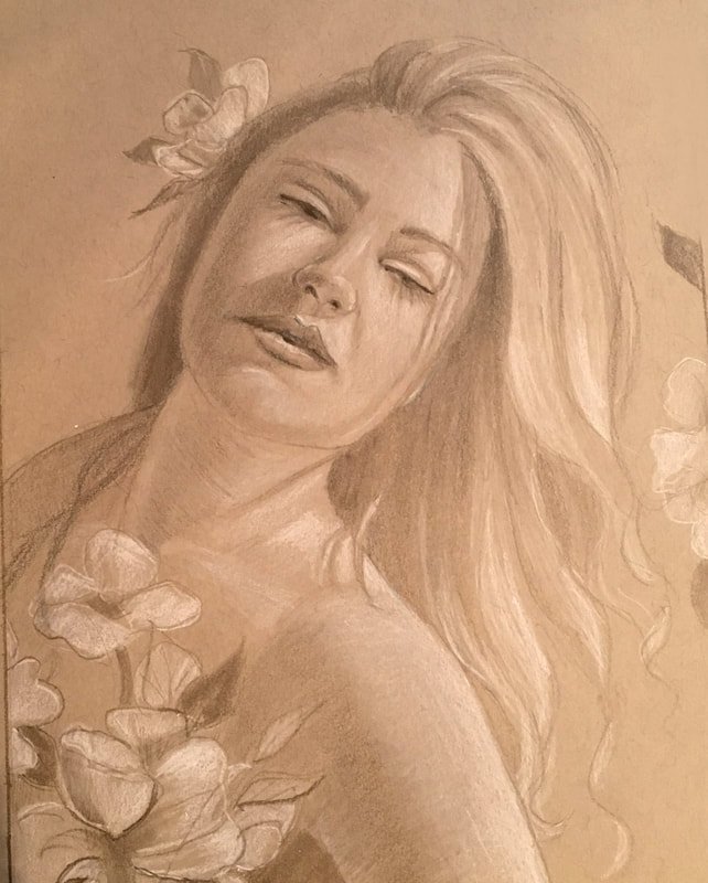 Graphite sketch portrait of woman with flowers on paper. By artist Marsha Bowers