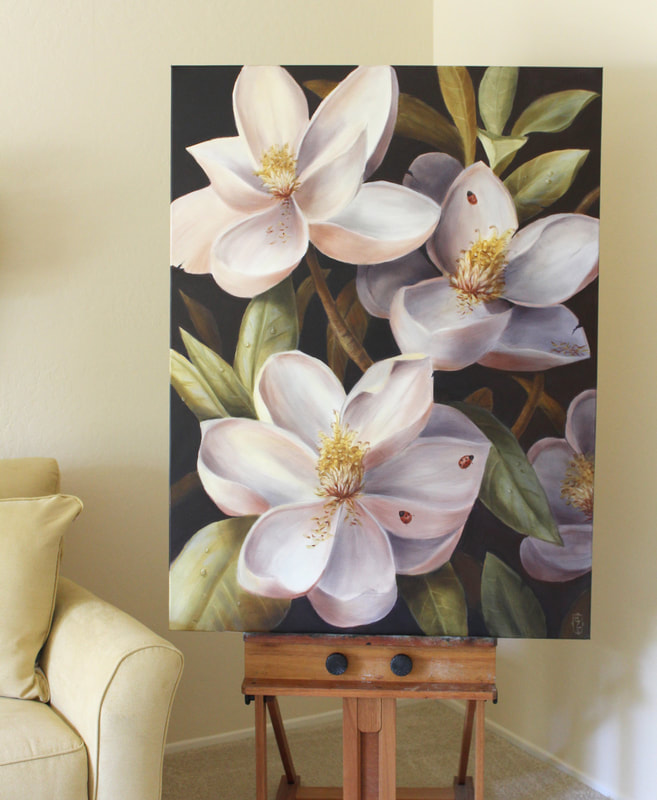 Large scale floral painting on canvas by artist Marsha Bowers