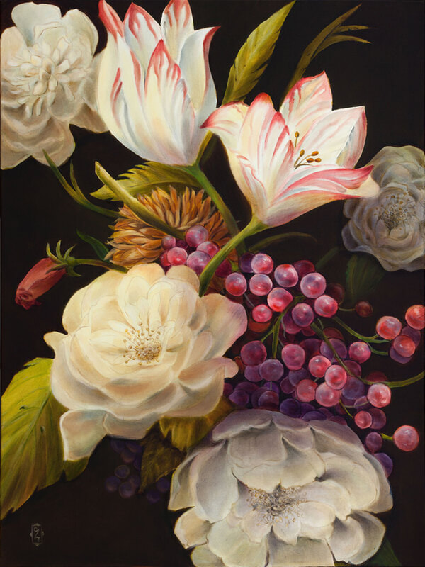 Fine art oil painting featuring flowers, grapes on dark background by artist Marsha Bowers of Zulim Bowers Designs