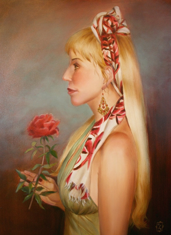 Oil portrait of woman with Rose on canvas by artist Marsha Bowers
