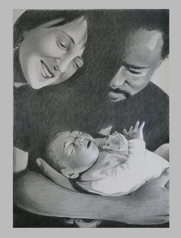 Graphite sketch of a family by artist Marsha Bowers