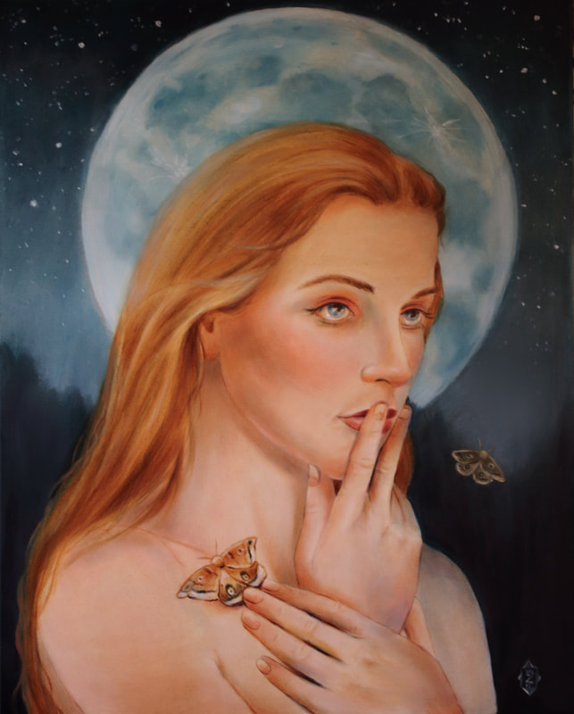 Oil painting portrait of woman with large moon in background. By artist Marsha Bowers