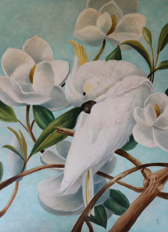 Oil painting of Parrot with Magnolias by artist Marsha Bowers
