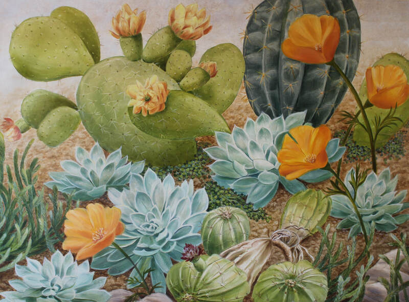 Large scale cactus oil painting by artist Marsha Bowers