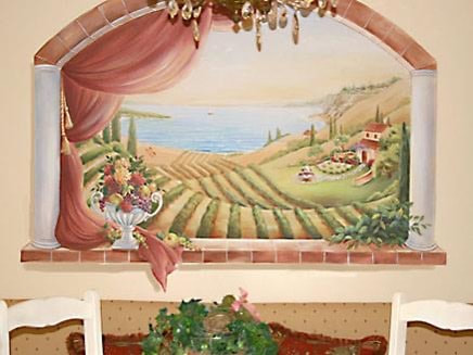 Wall mural scene painted on canvas and pasted on clients wall by artist Marsha Bowers