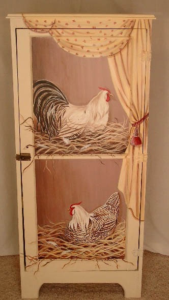 Trompe L'Oeil cabinet, subject matter chickens painted by artist Marsha Bowers