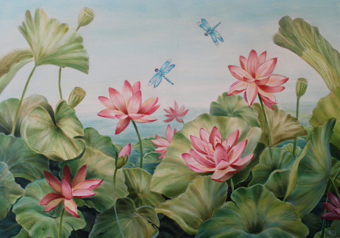 Large scale oil painting of water lilies by artist Marsha Bowers of Zulim Bowers Designs