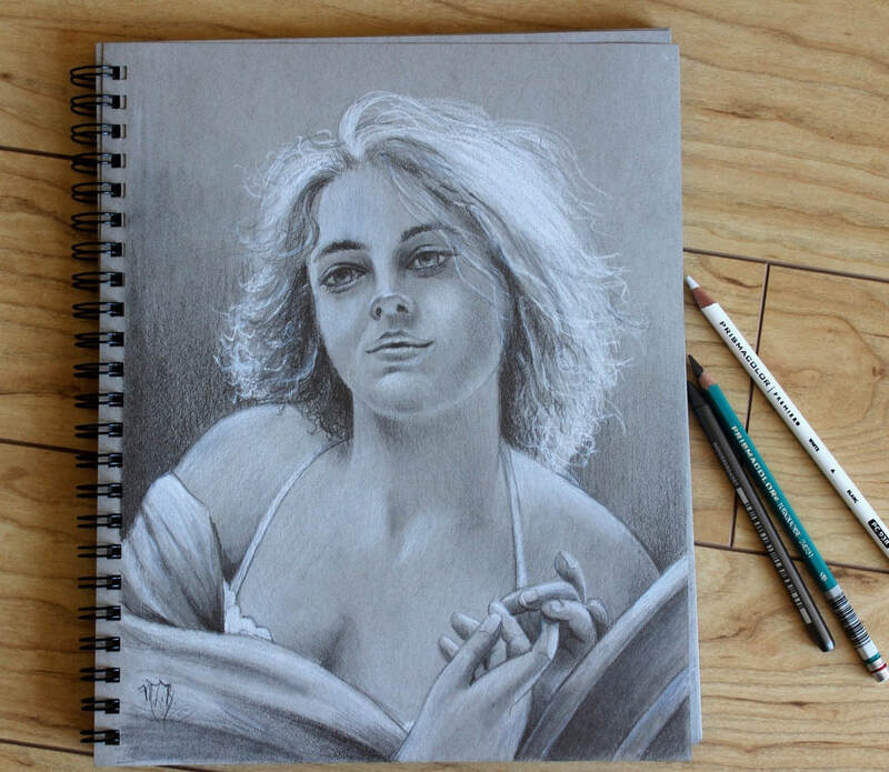 Graphite sketch portrait of a woman by artist Marsha Bowers