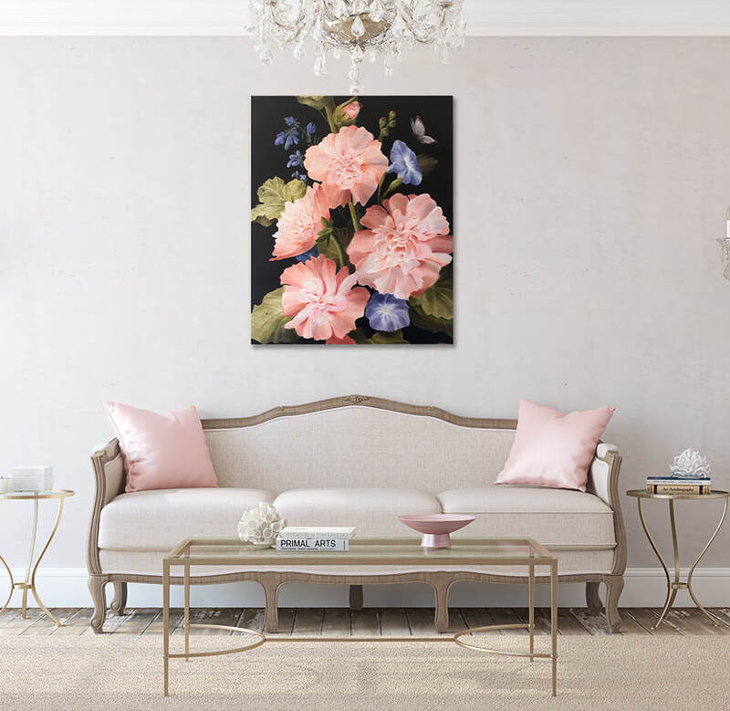 Fine art oil painting featuring flowers on dark background by artist Marsha Bowers of Zulim Bowers Designs