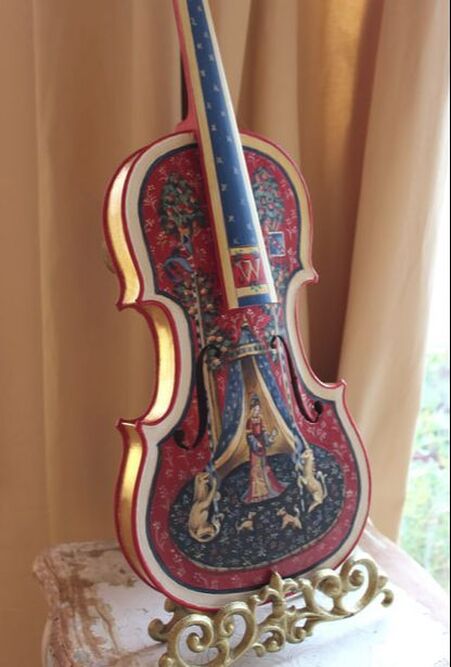 Hand painted Oil and gilded Violin by artist Marsha Bowers, Title-Unicorn and Lady