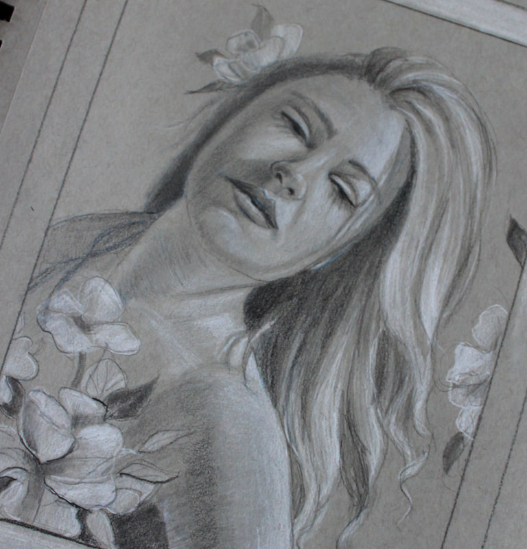 Graphite sketch of woman by artist Marsha Bowers