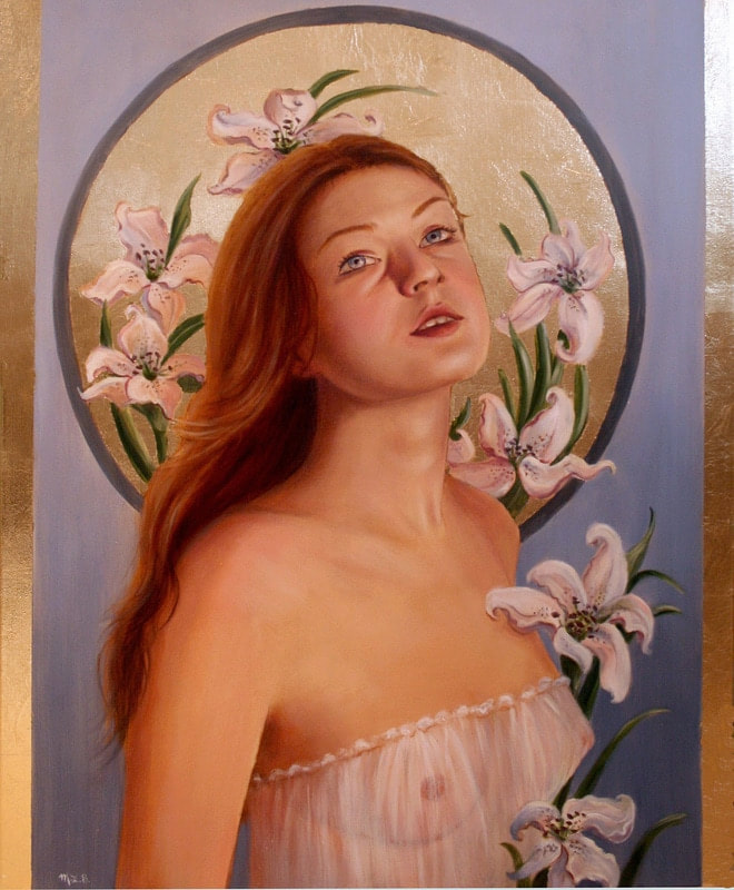 Oil painting of woman with gilded background by artist Marsha Bowers