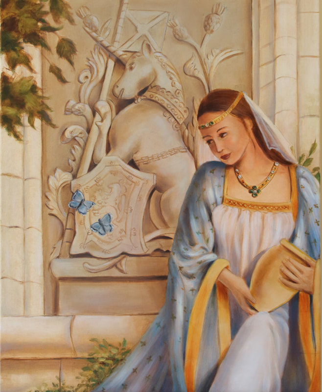 Oil Painting of lady with unicorn by artist Marsha Bowers
