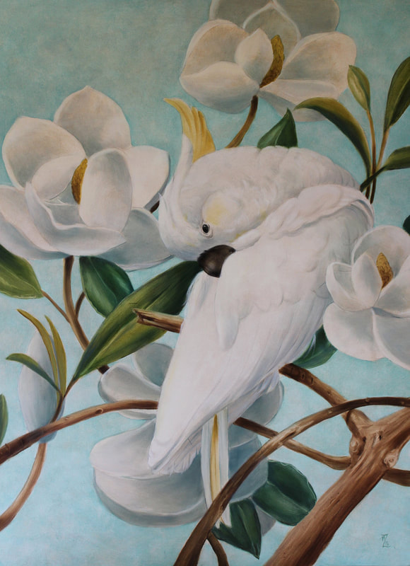 Large scale oil painting on canvas of Parrot with magnolias by artist Marsha Bowers