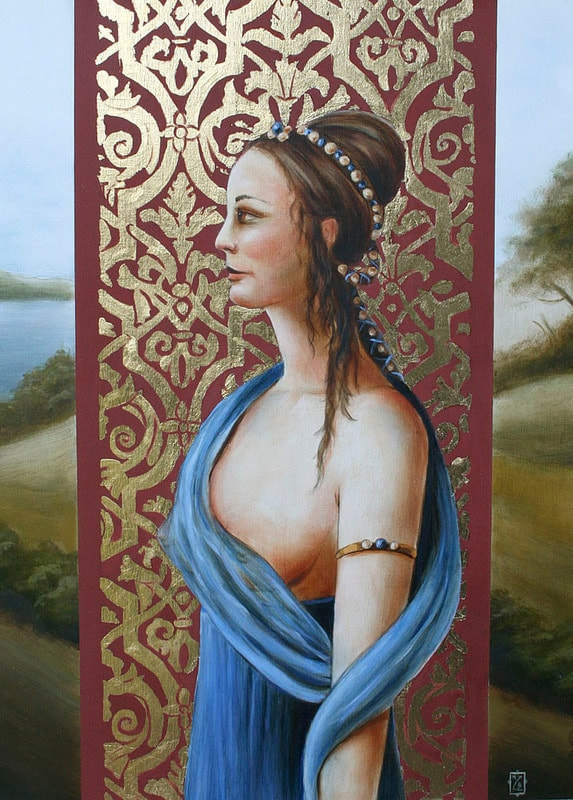 Oil painting of woman with detailed gilded design background by artist Marsha Bowers