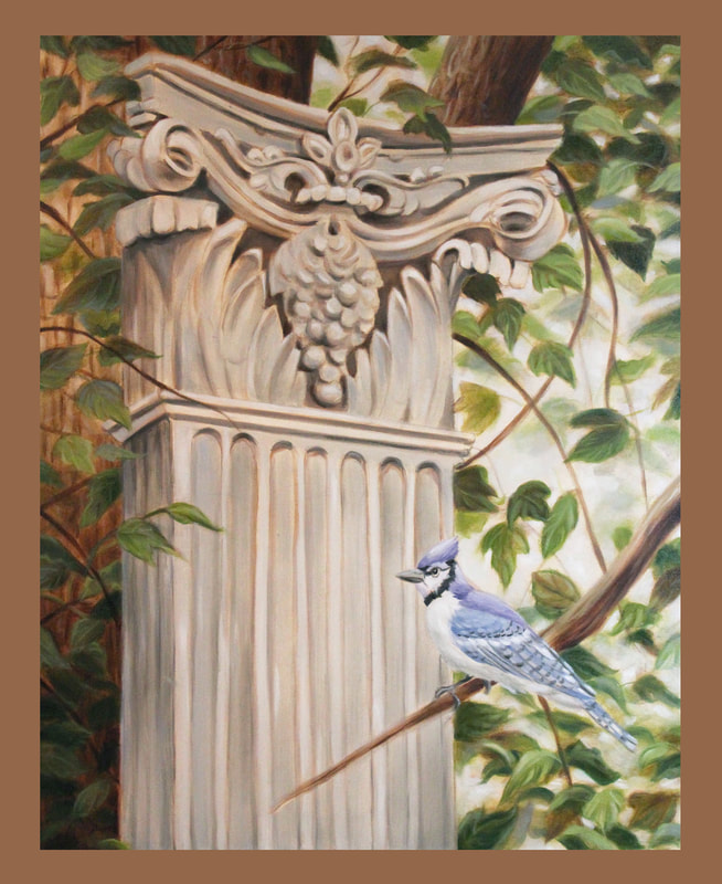 Oil painting of scrub jay by artist Marsha Bowers on canvas
