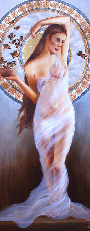 Figurative oil painting of woman with gilded outside trim by artist Marsha Bowers