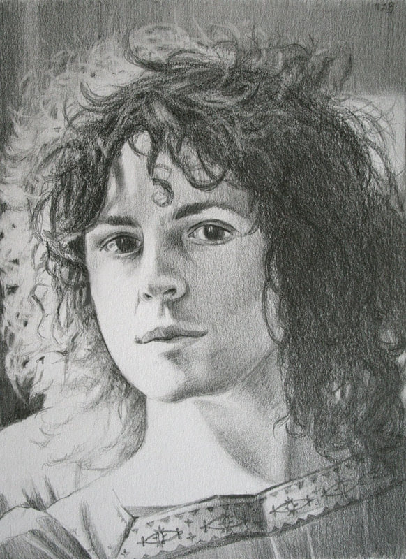 Graphite sketch of Marc Bolan by artist Marsha  Bowers