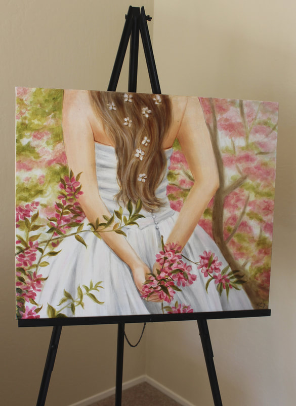 Oil painting of woman, wedding theme of girl holding flowers by artist Marsha Bowers