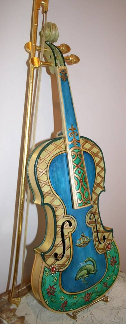 Hand painted and gilded violin by artist Marsha Bowers